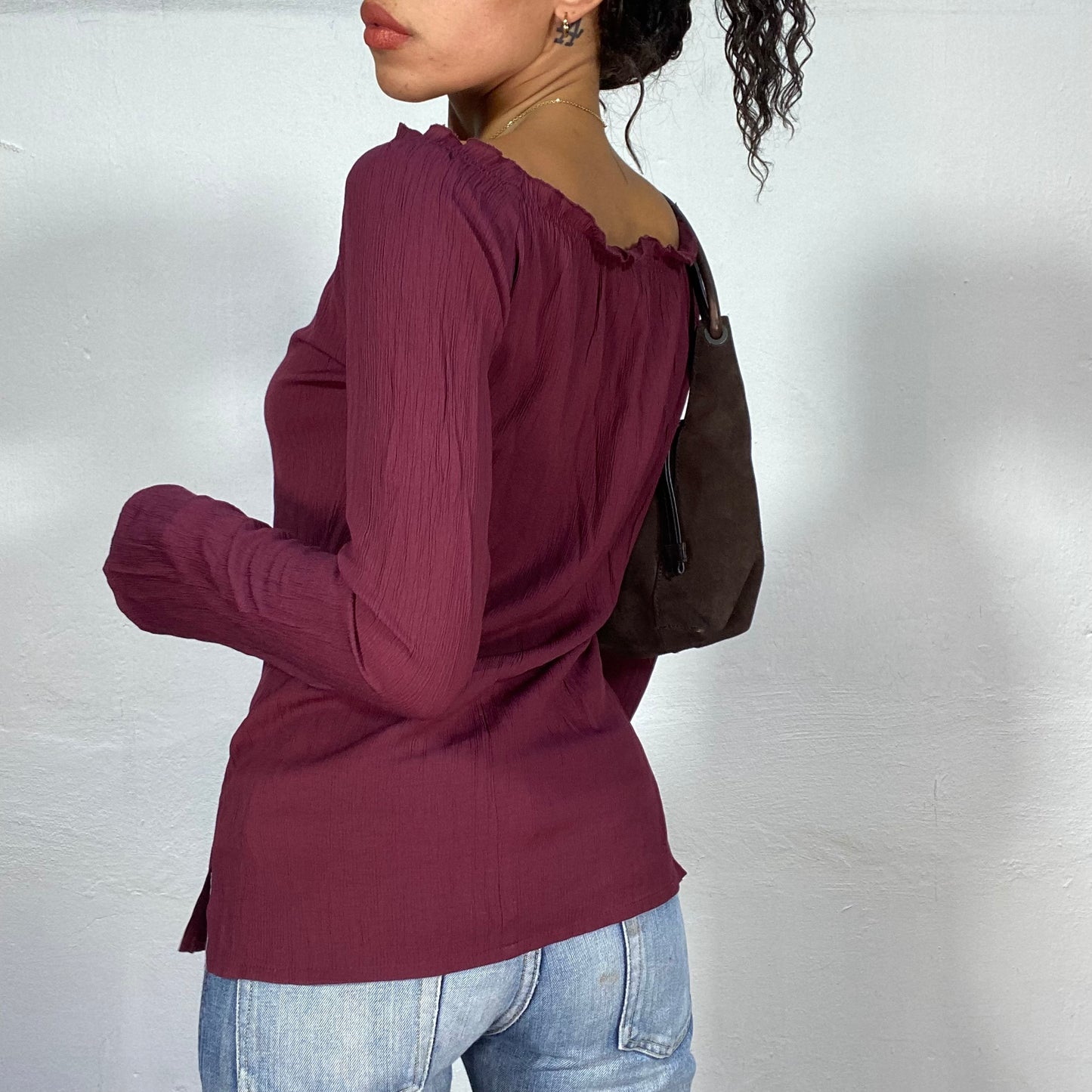 Vintage 2000's Vampy Wine Red Off-the-Shoulder Blouse with Elegant Lace-Up Closure (S/M)