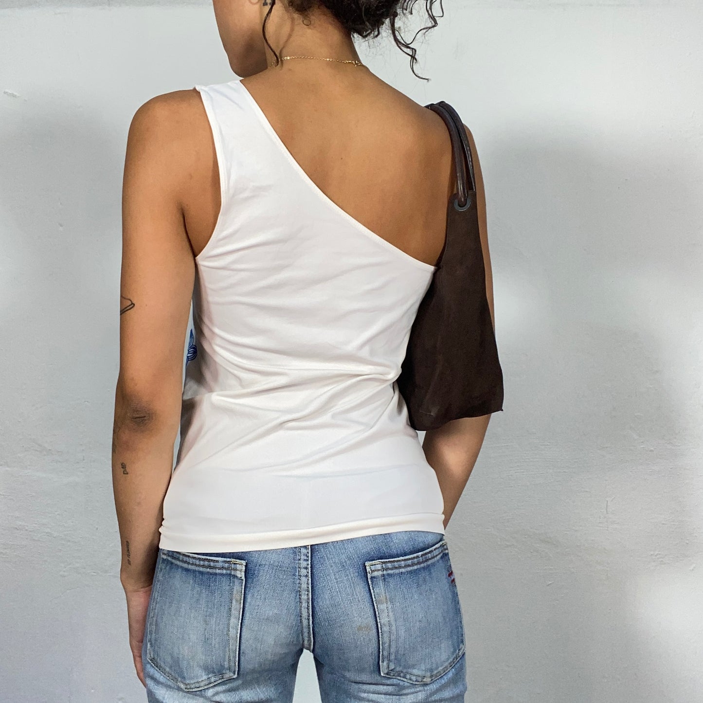 Vintage 2000's Soft Girl One Shoulder Top with Blue Flower Line Detail (S)