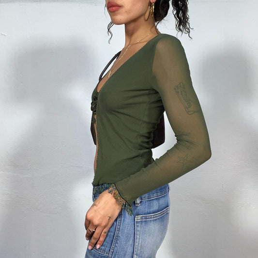 Vintage 2000's Olive Green Summer Bolero with Sheer Mesh Sleeves and Beaded Fringes (XS/S)