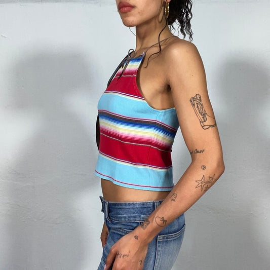 Vintage 2000's Summer Striped Halter Neck Top with a Keyhole Tie Detail (S)