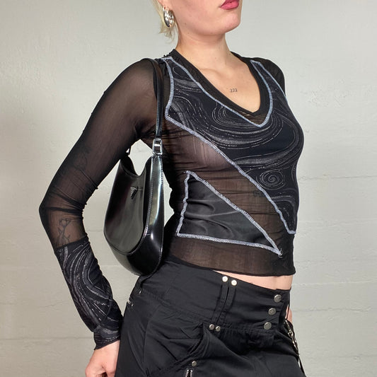 Vintage 90's Archive Black Longsleeve Mesh Top with Spiralling Print (S)