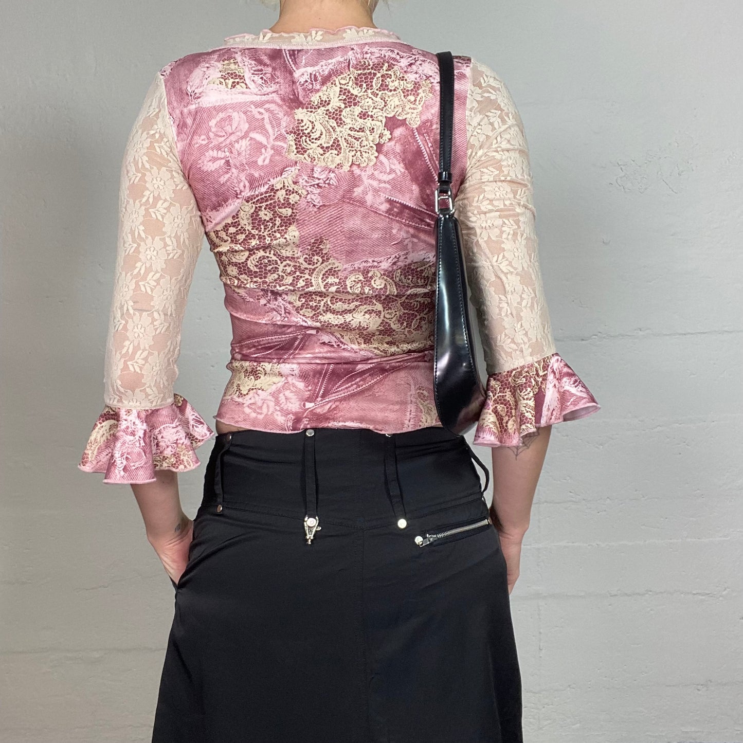 Vintage 2000's Coquette Pink Lace Longsleeve Top with Lace Trim and Tie Dye Print (S)