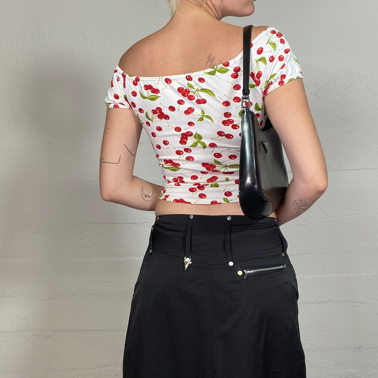 Vintage 2000's Pin Up Style White Off Shoulder Top with Red Cherry Print (S)