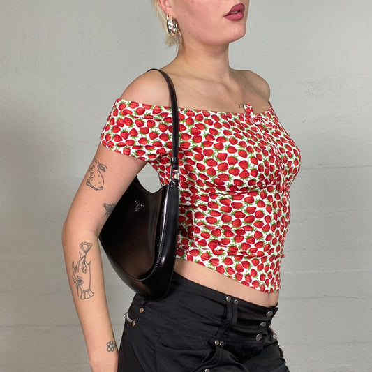 Vintage 2000's Pin Up Style White Off Shoulder Top with Red Strawberries Print (S)