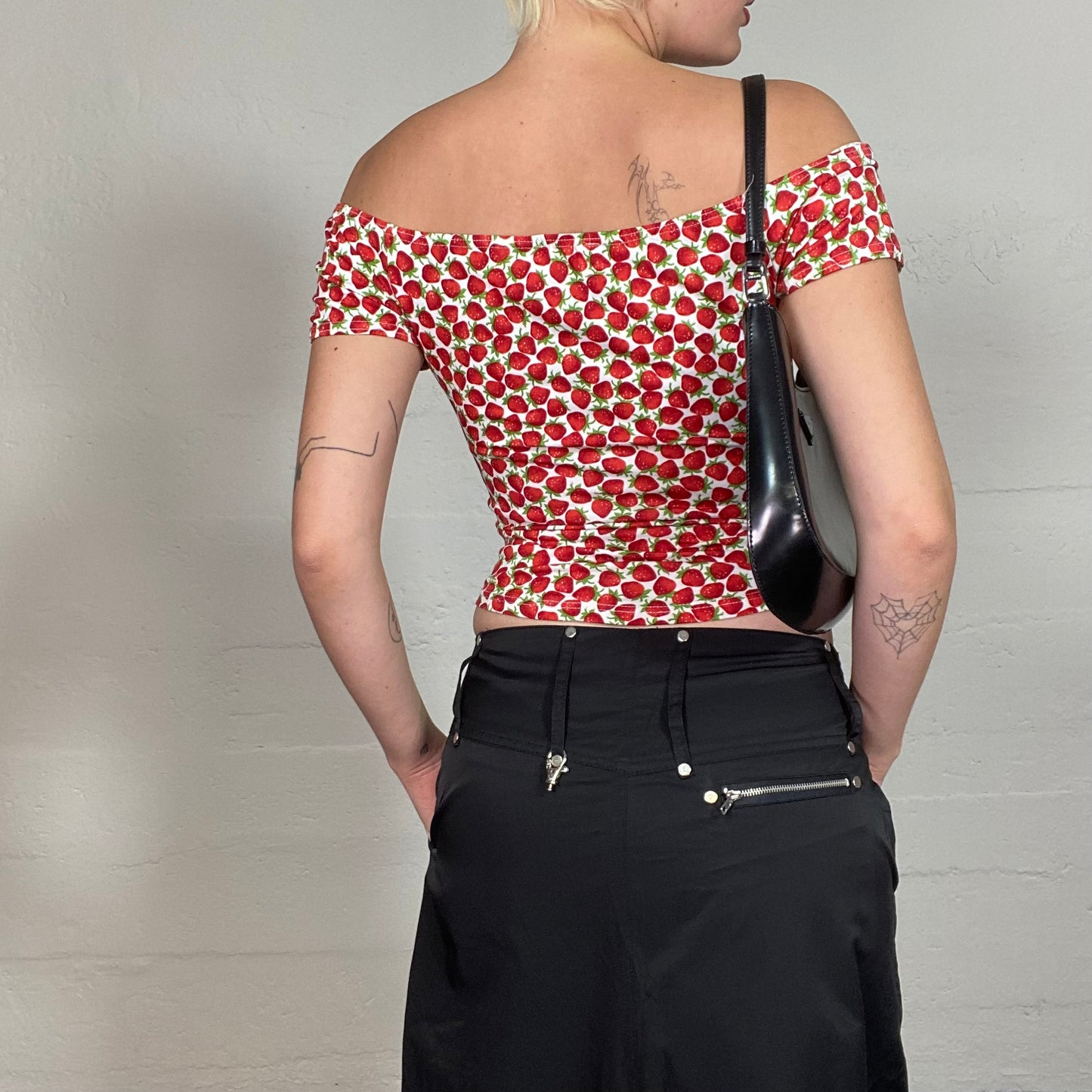 Vintage 2000's Pin Up Style White Off Shoulder Top with Red Strawberries Print (S)