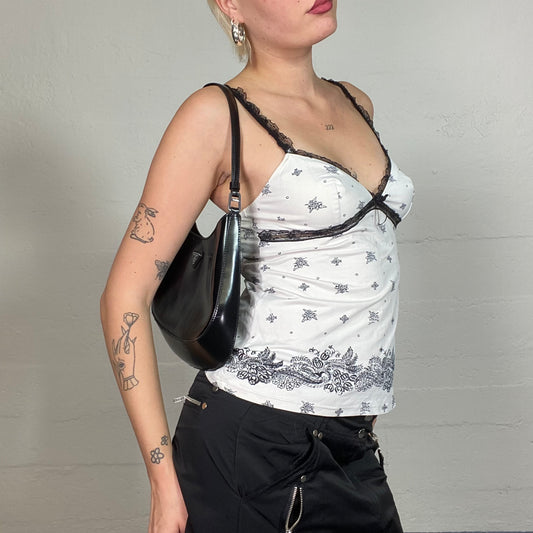 Vintage 2000's Romantic White Cami Top with Black Lace Trim Detail and Ribbon (S)