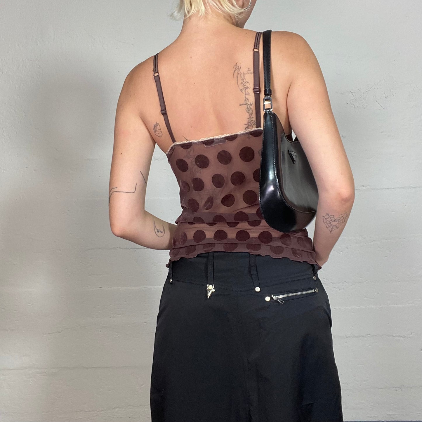 Vintage 2000's Romantic Brown Mesh Cami Top with Big Dots Print (S)