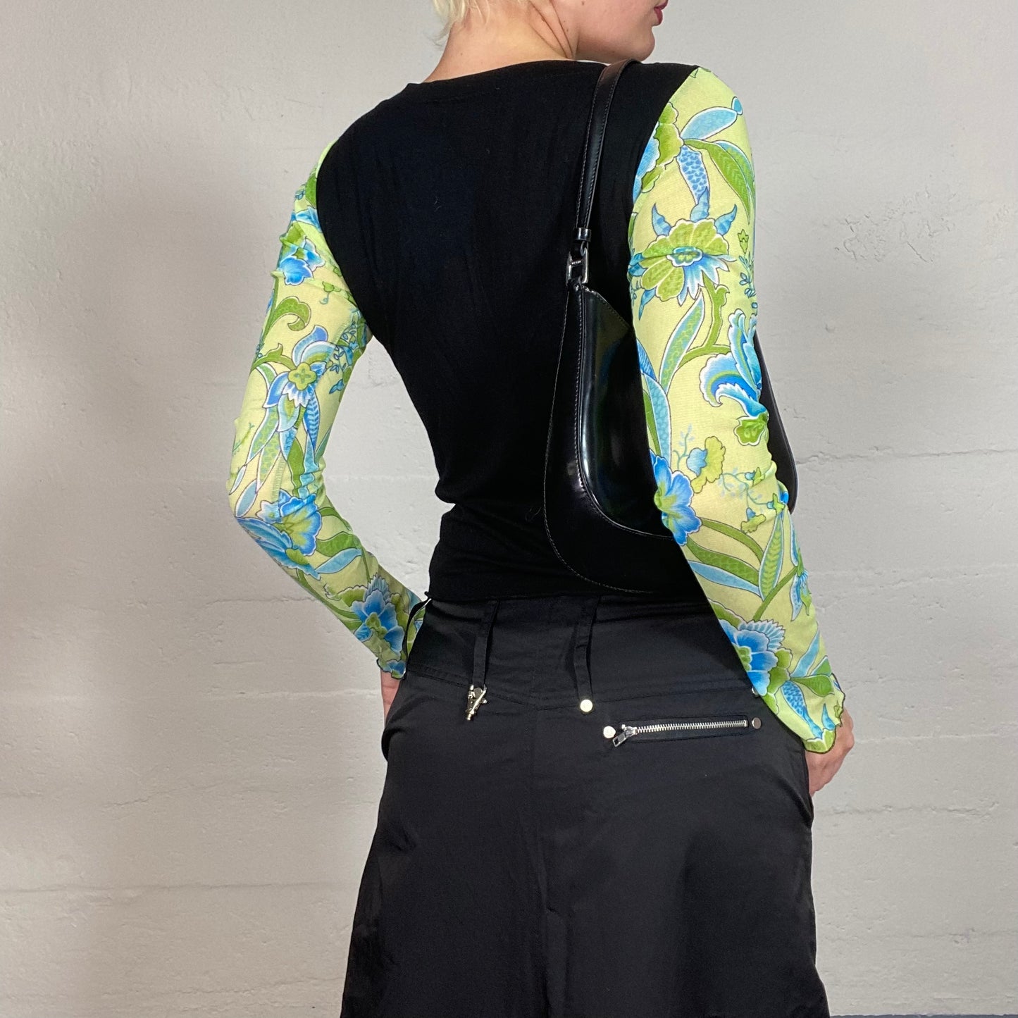 Vintage 2000's Funky Green and Black Longsleeve Wrapped Top with Floral and Girl Portrait Print (S)