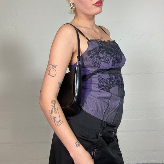 Vintage 90's Witchy Deep Purple Top with Black Floral Beads Embroidery Detail (S)
