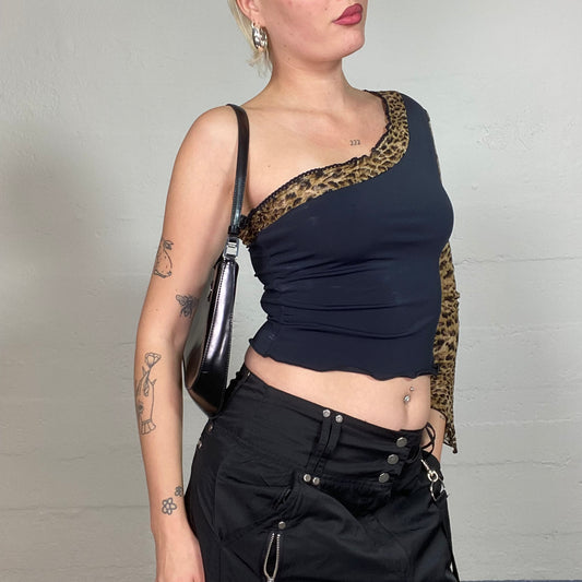 Vintage 2000's Rave Black One Shoulder Top with Leopard Print Trim and Longsleeve Detail (S)