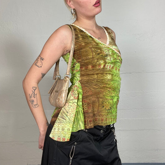 Vintage 2000's Hippie Girl Green Top with Ethnic Print and Side Volant (S)
