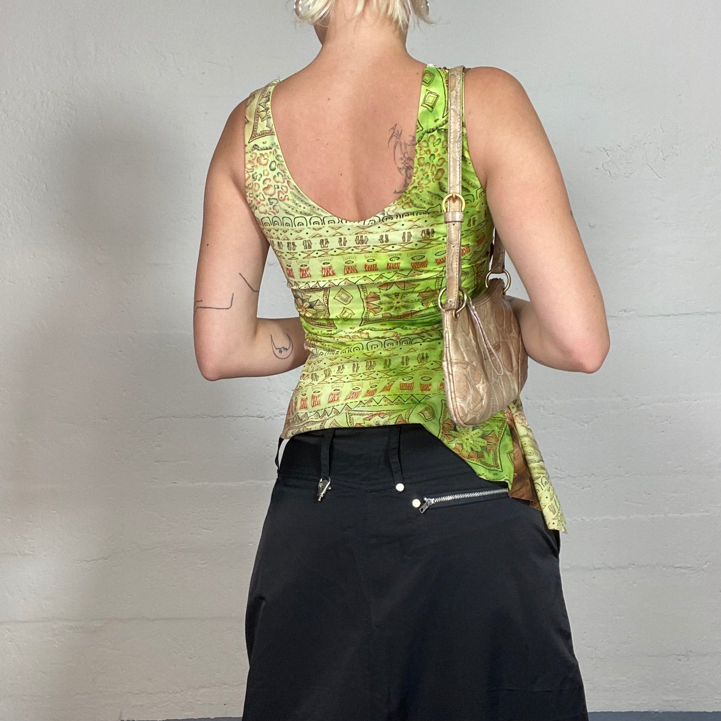 Vintage 2000's Hippie Girl Green Top with Ethnic Print and Side Volant (S)