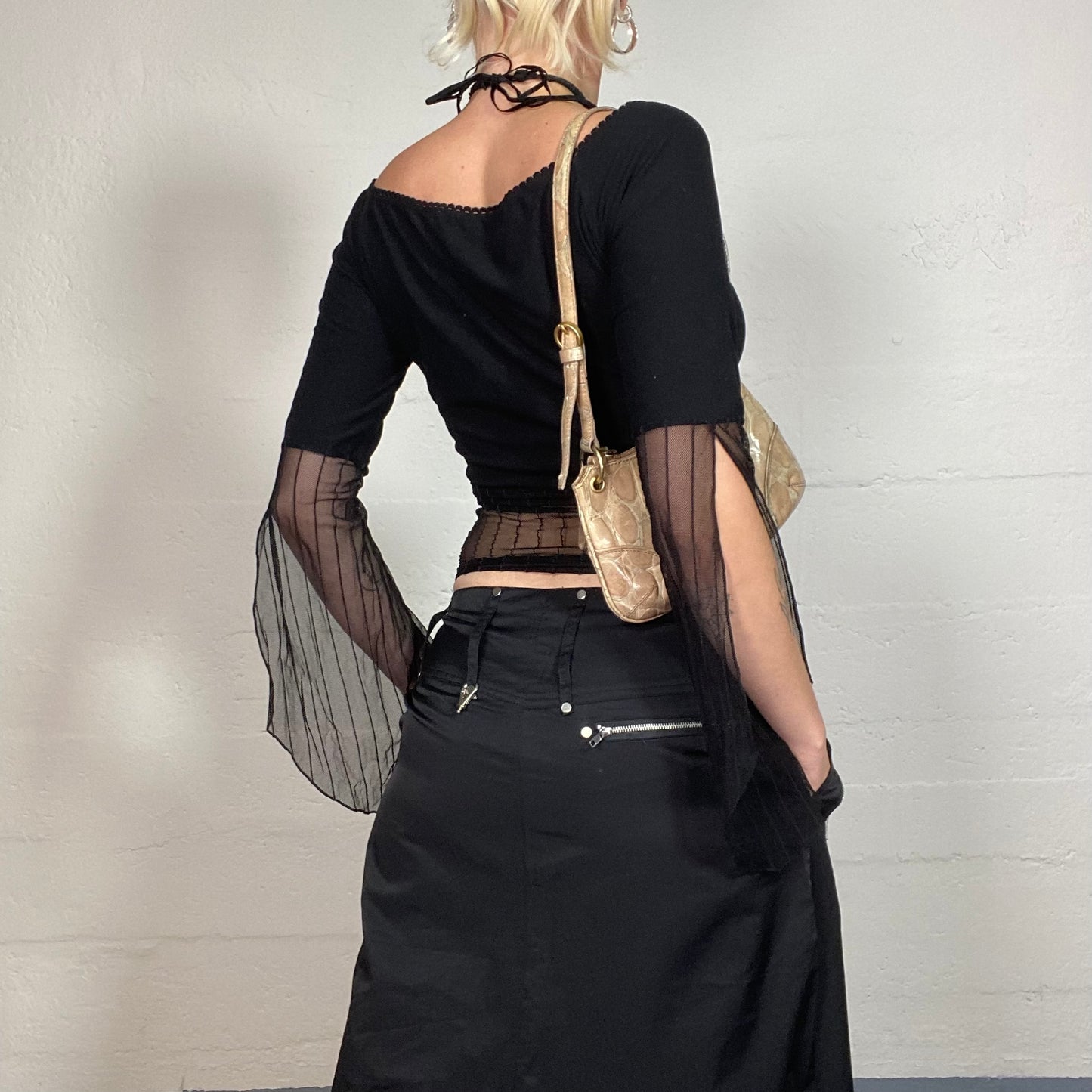 Vintage 90's Whimsigoth Black Longsleeve Top with Mesh Parts and Crochet Decorative Neck Detail (S)