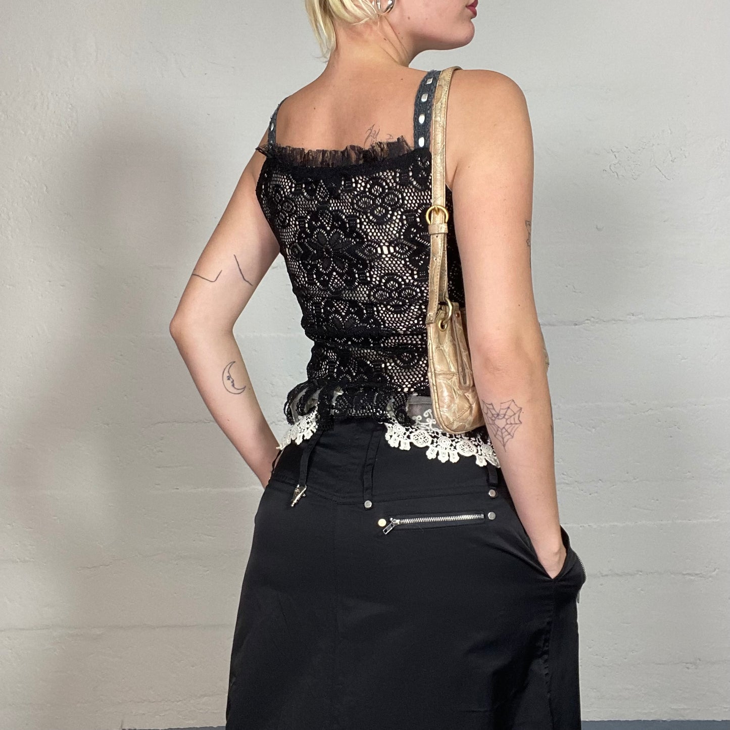 Vintage 90's Whimsigoth Black Layered Top with White Crochet and Floral Embroidery Detail (S)