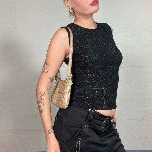 Vintage 90's Witchy Black Top with Silver Glitter Web Print (XS)