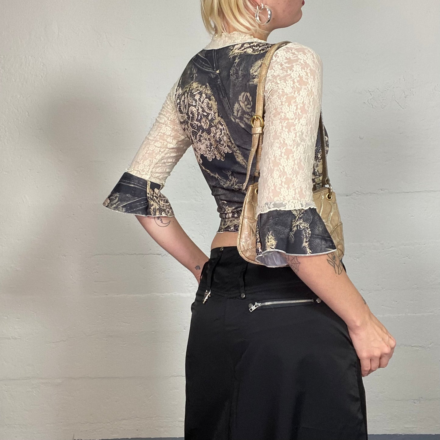 Vintage 2000's Coquette Black Lace Longsleeve Top with Lace Trim and Rose Print (S)
