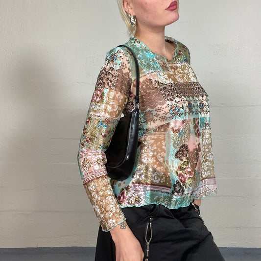 Vintage 90's Boho-Girl Blue Mesh Longsleeve Top with Patched Floral Print (M)