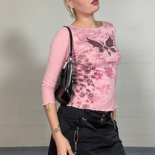 Vintage 2000's Cute Pink Longsleeve Top with Butterfly and Floral Print (S)