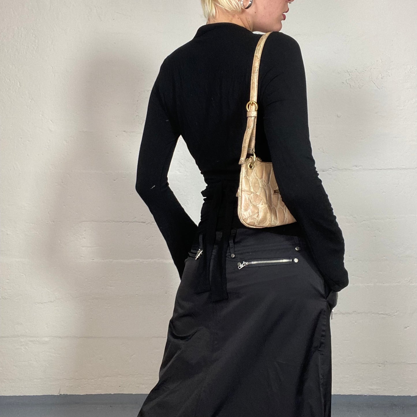 Vintage 2000's Indie Black Longsleeve Open Neck Top with Gold Decorative Embroidery Detail (S)
