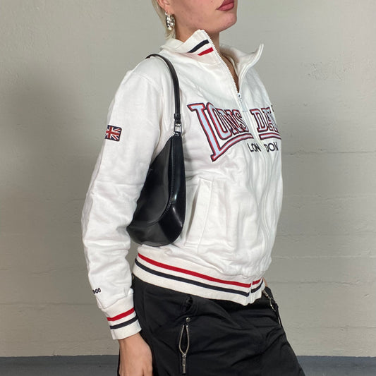 Vintage 2000's Lonsdale Football Core White and Red Zip Up Hoodie with Union Flag Patch Detail (S/M)
