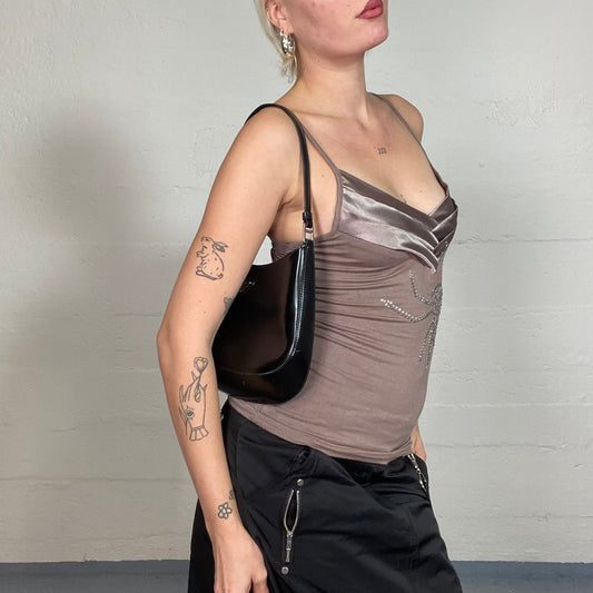 Vintage 2000's Witchy Champagne Brown Top with Satin Decorative Neckline and Rhinestones Spider Detail (S)
