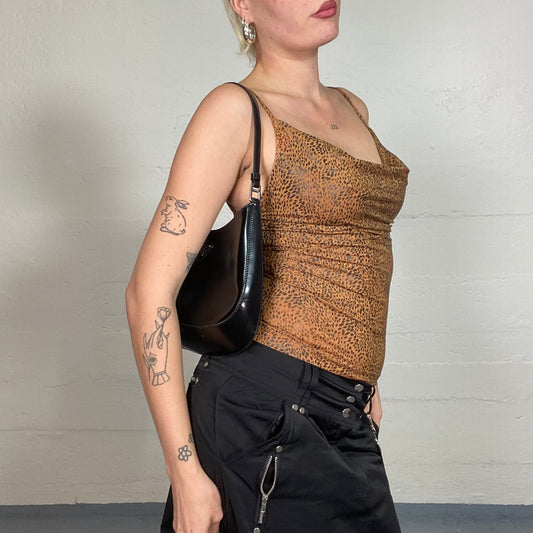 Vintage 2000's Clubwear Brown Top with Leo Print and Draped Neckline Detail (S)