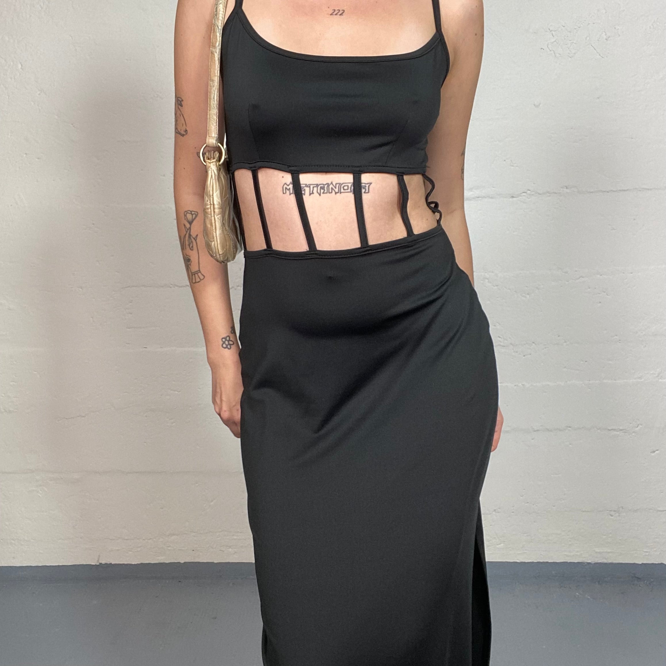 Vintage 90's Rave Black Maxi Dress with Open Waist with Trims Detail