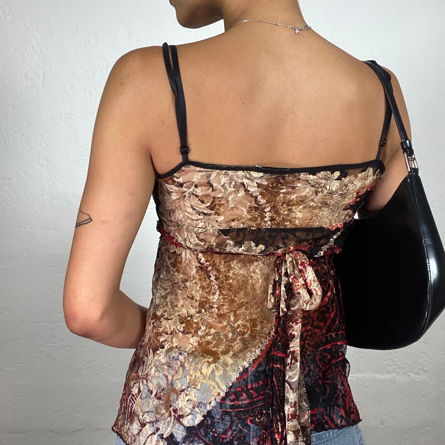 Vintage 2000's Boho Girl Brown and Red Toned Cami Printed Asymmetric Trim Top (S)