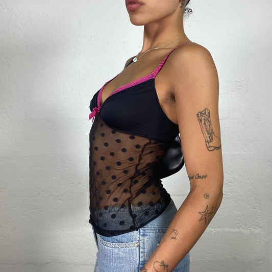 Vintage 2000's Cute Clubwear Black Polka Dot Mesh Top with Pink Trim (S)