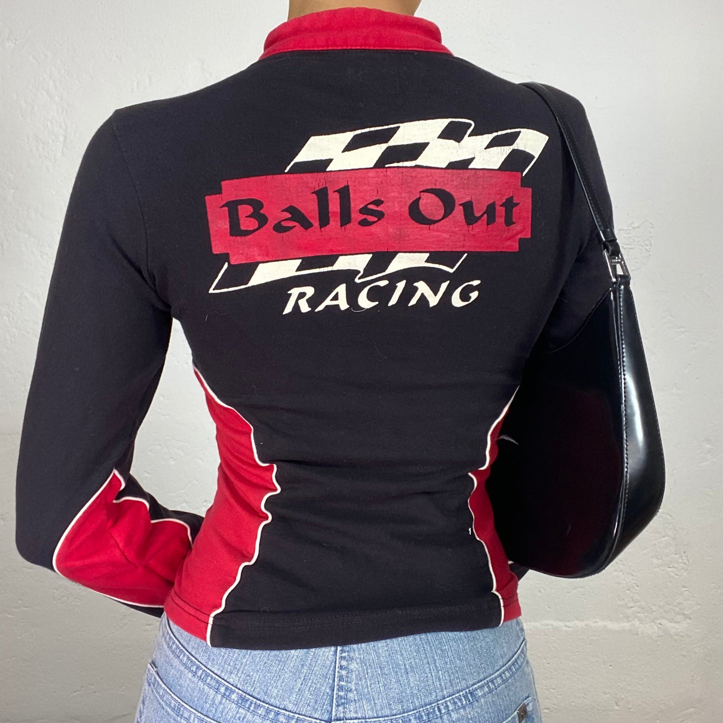 Vintage 2000's Racer Girl Black and Red Motto Zip Up Jacket (M)