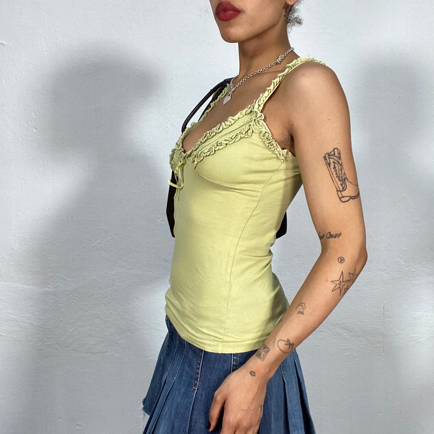 Vintage 2000's Mermaid Khaki V-Neck Cami Top with Frills Details (S)