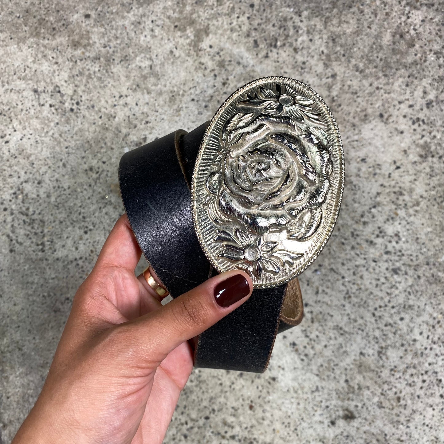 Vintage 2000's Cowboy Black Belt with Floral Silver Buckle