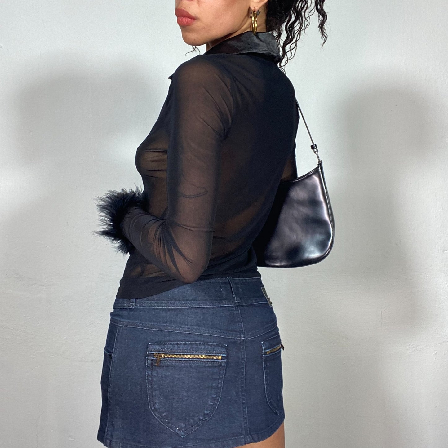 Vintage 2000's Clueless Mesh Black Top with Feather Sleeve Detail (S)