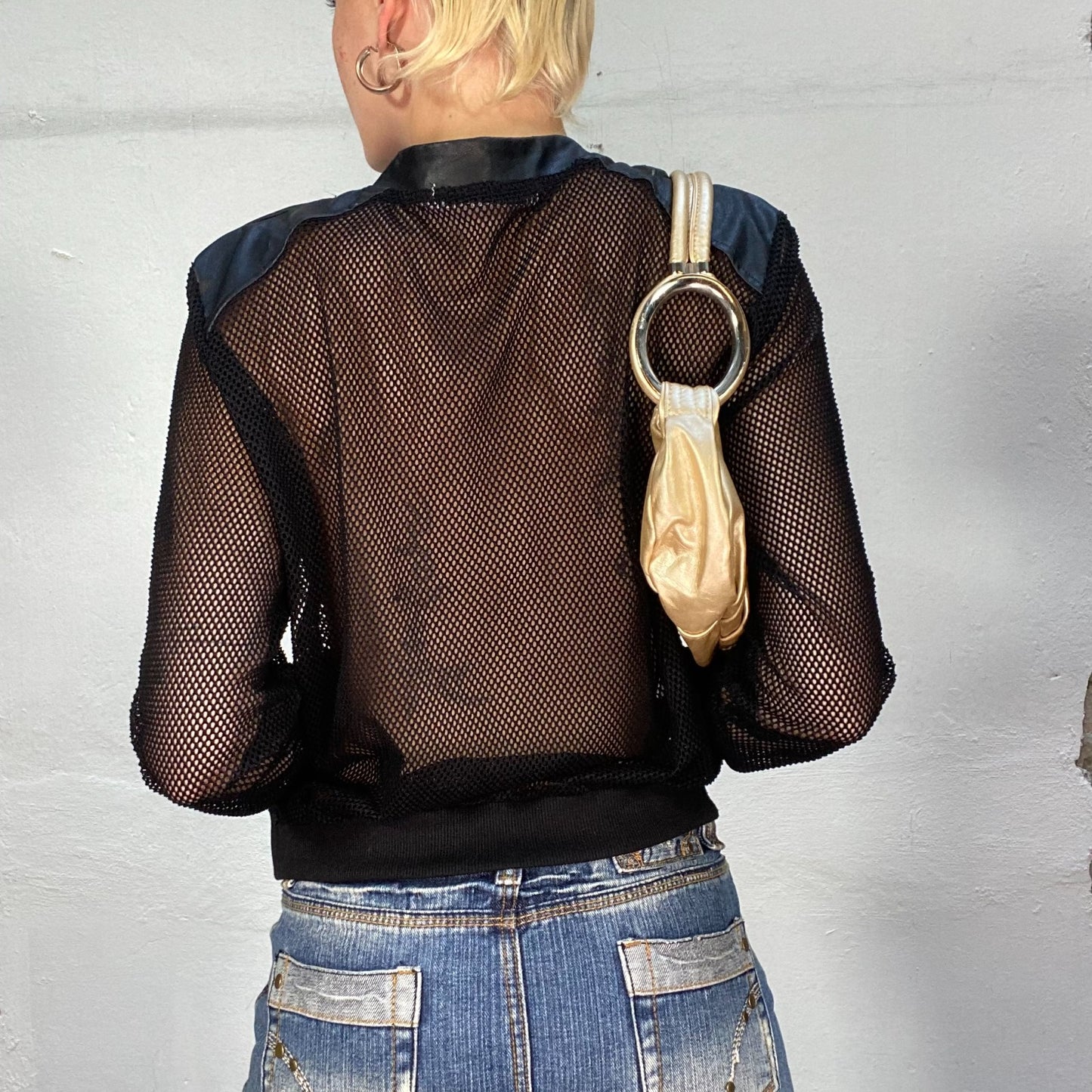 Vintage 2000's Rave Black Zip Up Jacket with Fishnet Material (S/M)