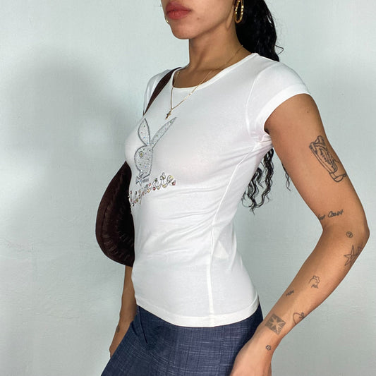 Vintage 2000's Playboy Summer White Top with Silver Rhinestones and Strass Logo Detail (S)