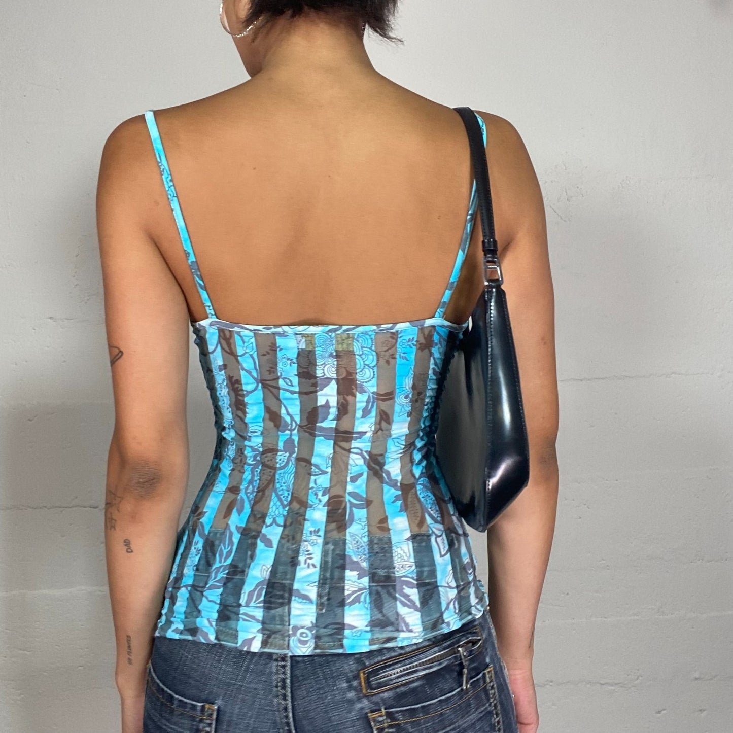 Vintage 2000's Summer Mesh Blue Cami Top with Stripes and Floral Print (S)