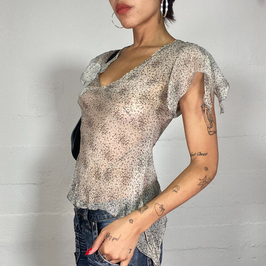 Vintage 2000's Soft Girl Mesh Beige Blouse with Floral Print (S)