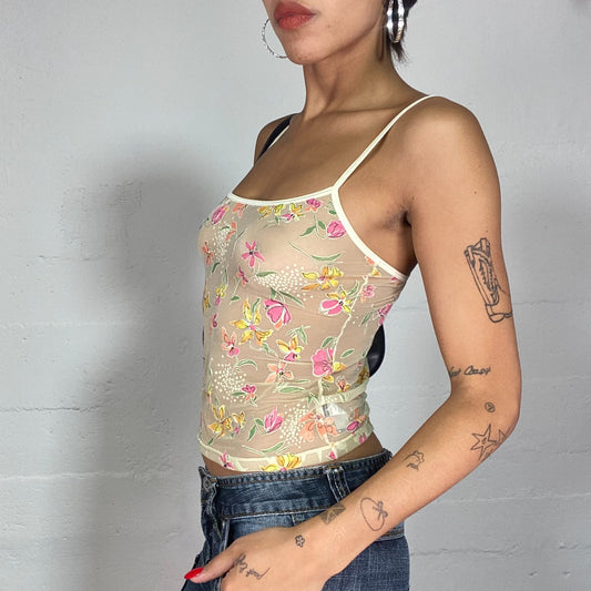 Vintage 2000's Summer Sheer Mesh Olive Green Cami Top with Floral Print (S)