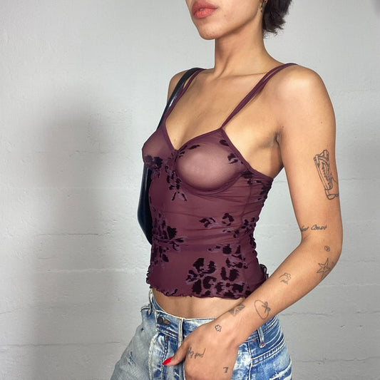 Vintage 2000's Soft Girl Garnet Mesh Cami Top with Black Floral Print (S)