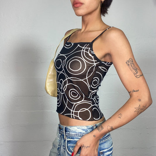 Vintage 2000's Funky Black Mesh Cami Top with White Circle Print (S)