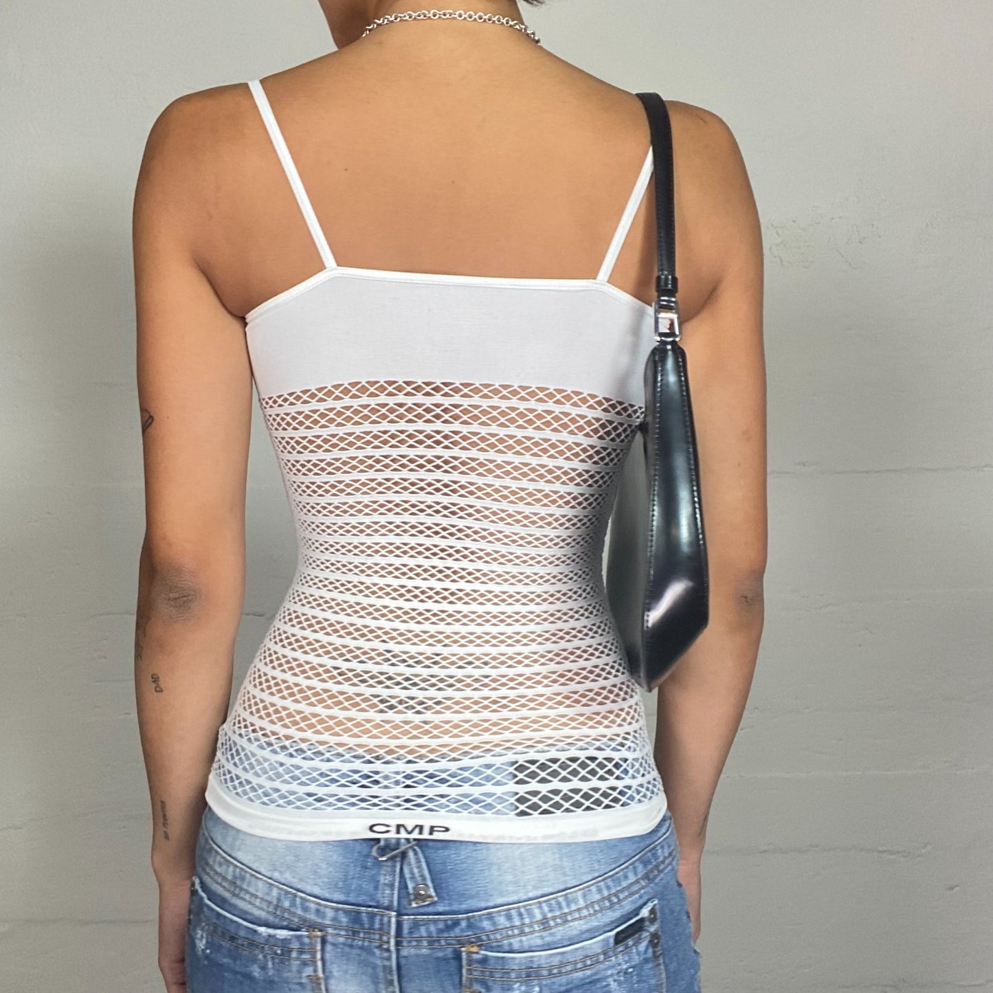 Vintage 2000's Rave White Top with Fishnet Material and Mesh Back Detail (S)