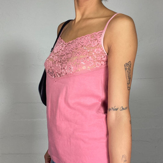 Vintage 2000's Soft Girl Pink Top with Mesh Lace Chest Detail (M)