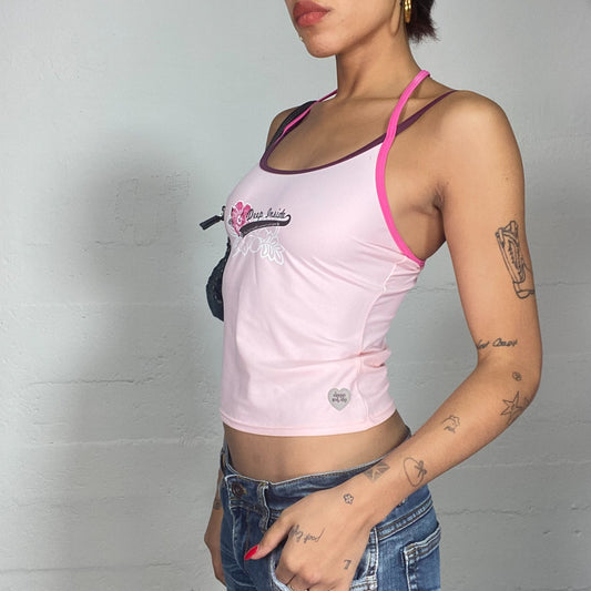 Vintage 2000's Surfer Girl Pink Top with "Deep Inside" Print and Double Strap (XS)