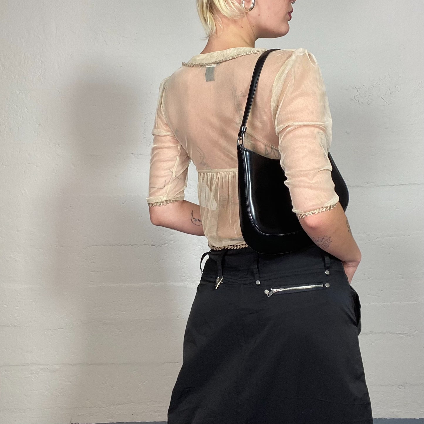 Vintage 2000's Boho Mesh Gold Button Up Cropped Shirt with Khaki Embroidery Detail (XS/S)