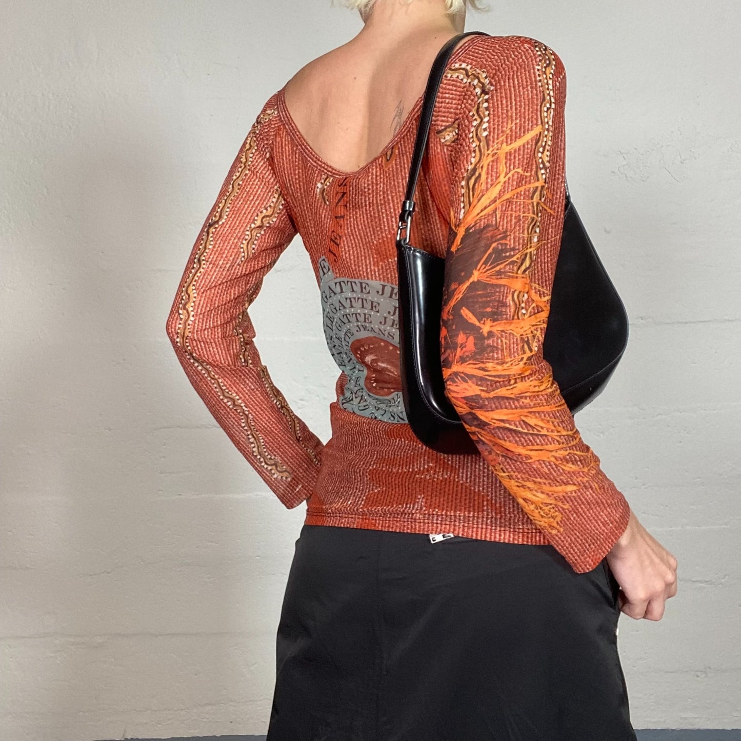 Vintage 2000's Batik Mesh Longsleeve Top with Orange Embroidery Detail and Back Print (S/M)