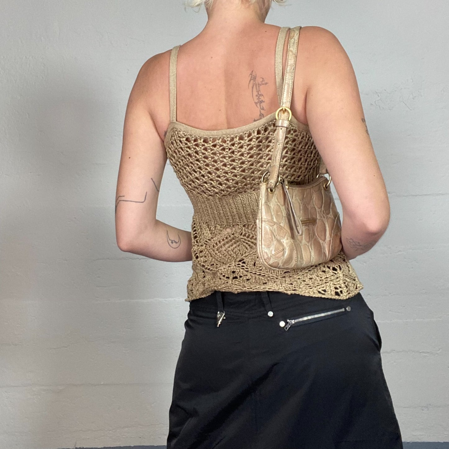 Vintage 2000's Boho Camel Crochet Top with Braided Fishnet Material (S)