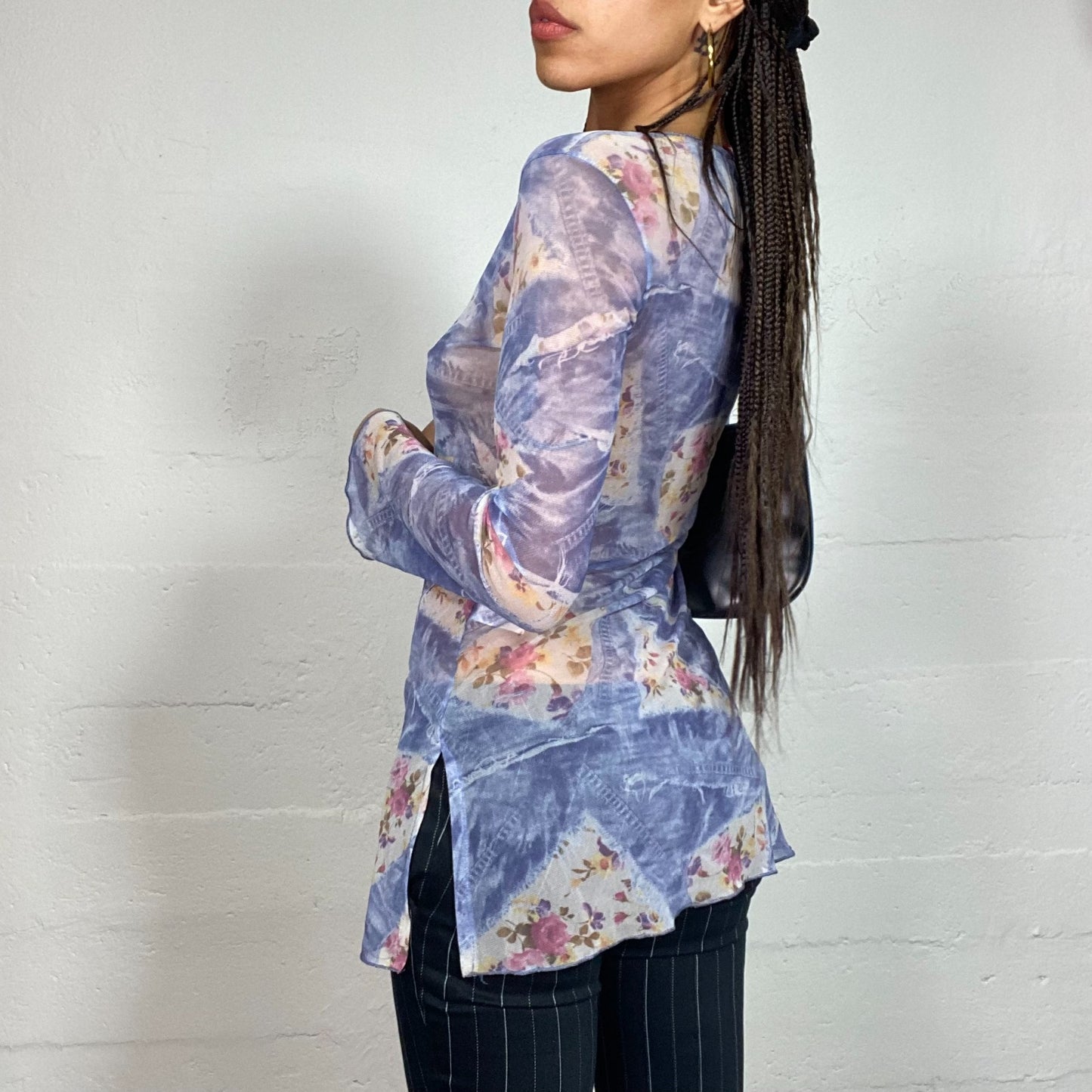 Vintage 2000's Indie Blue Mesh Longsleeve Long Top with Floral Graphics Print (S/M)