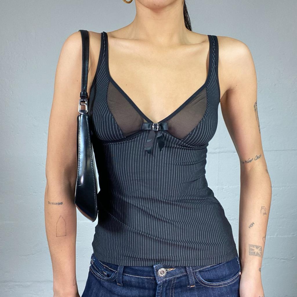 Vintage 2000's Clubwear Black Corset Top with Mesh Chest Detail (S)