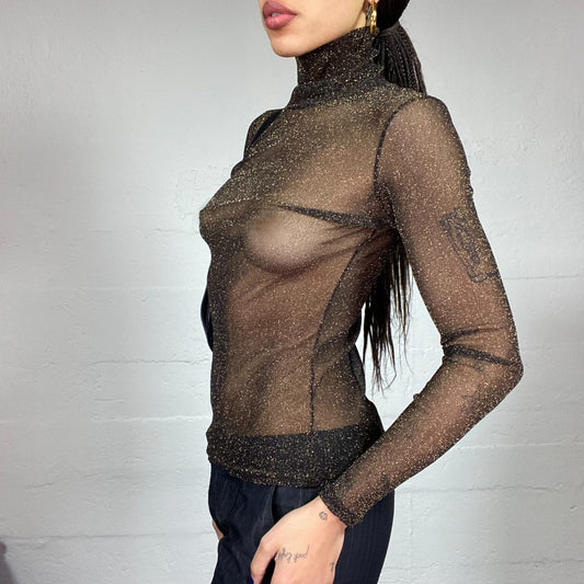 Vintage 2000's Clubwear Black Mesh Turtleneck Top with Glitter Material Detail (S)