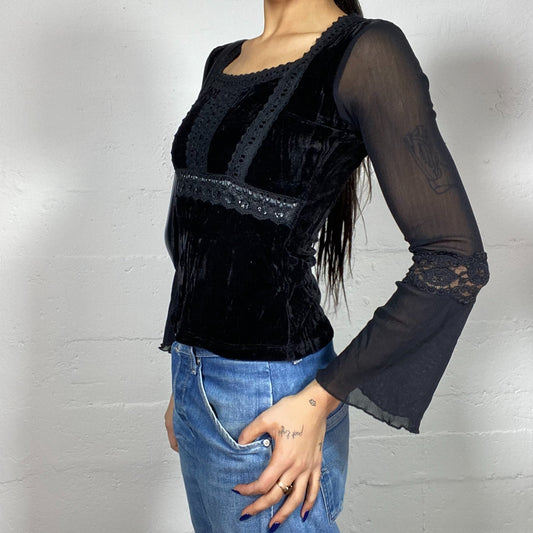 Vintage 2000's Vampy Black Velours Top with Mesh Longsleeves Detail (S)